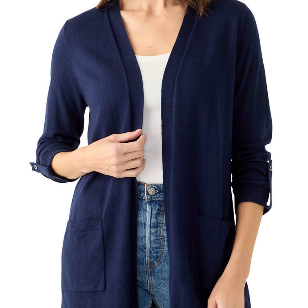 Kim Rogers women’s Roll Tab Solid Cardigan color Navy Size M